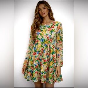 AFRM size Large Multicolor Floral mini Dress with sheer sleeves